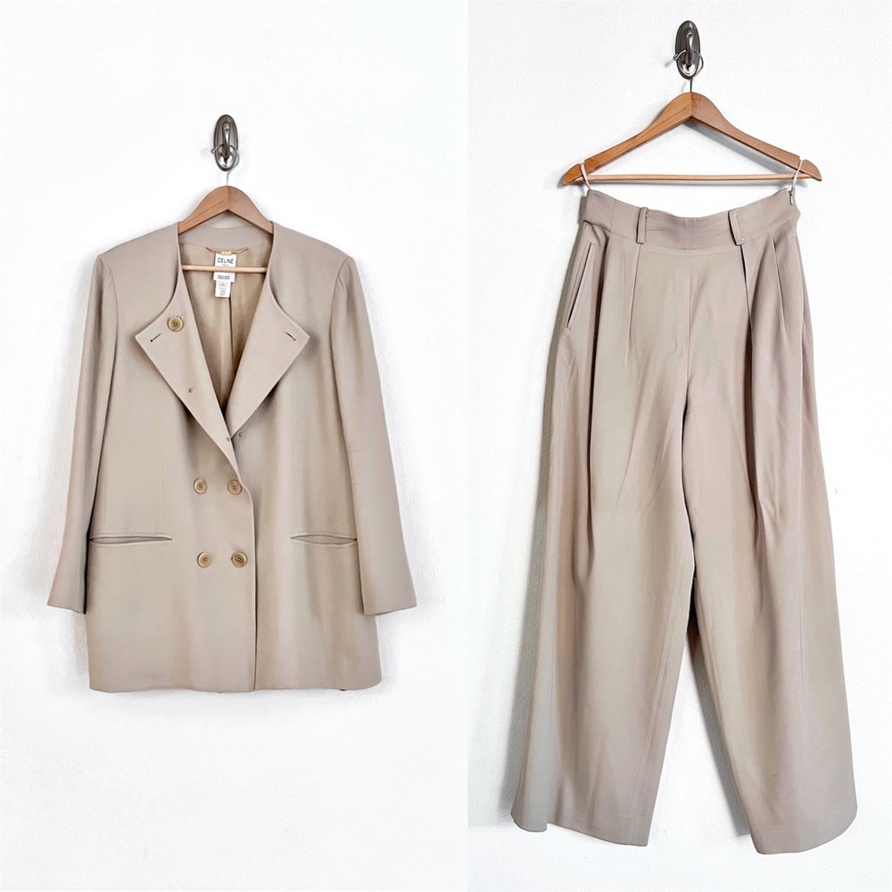 Vintage CELINE 100% Wool Double Breasted Blazer + Wide Leg Pants SET in Beige